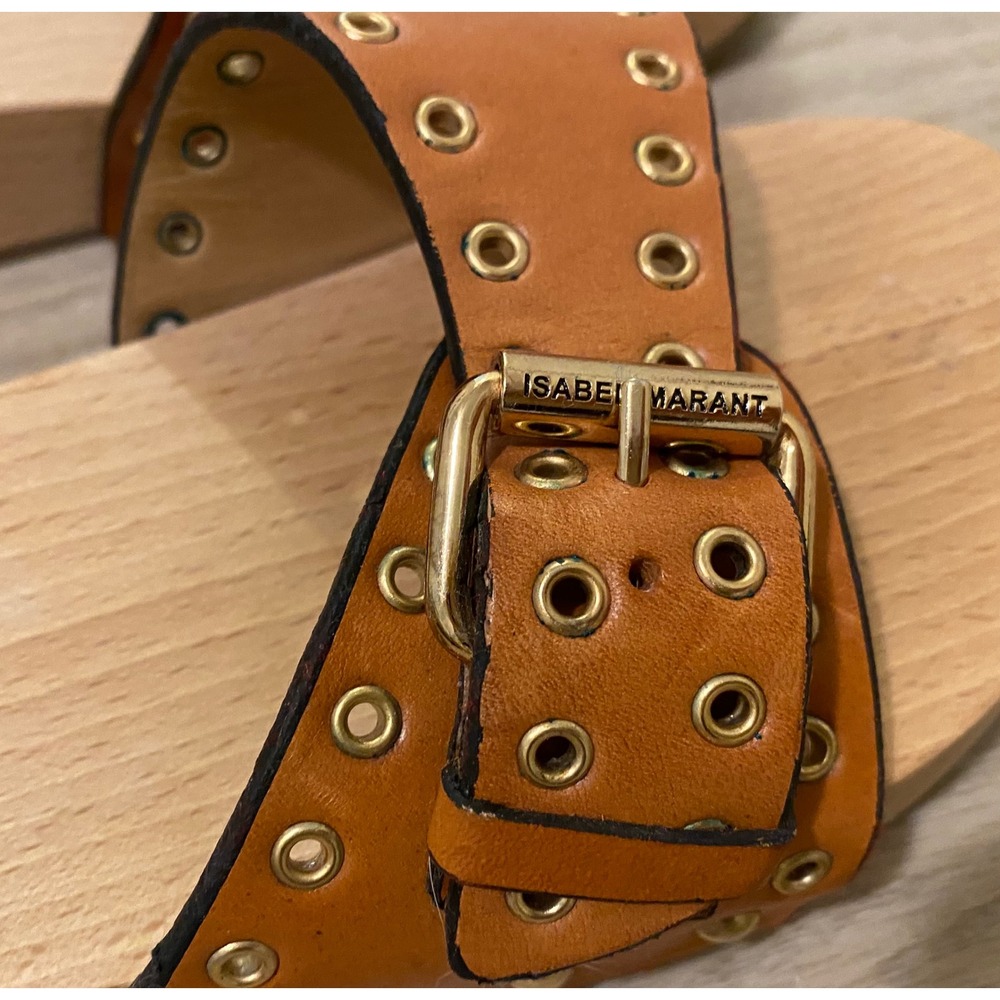 Isabel Marant Jaso Slide Sandal 40 Tan Leather Wood Studded Designer Luxury Boho - Picture 5 of 14
